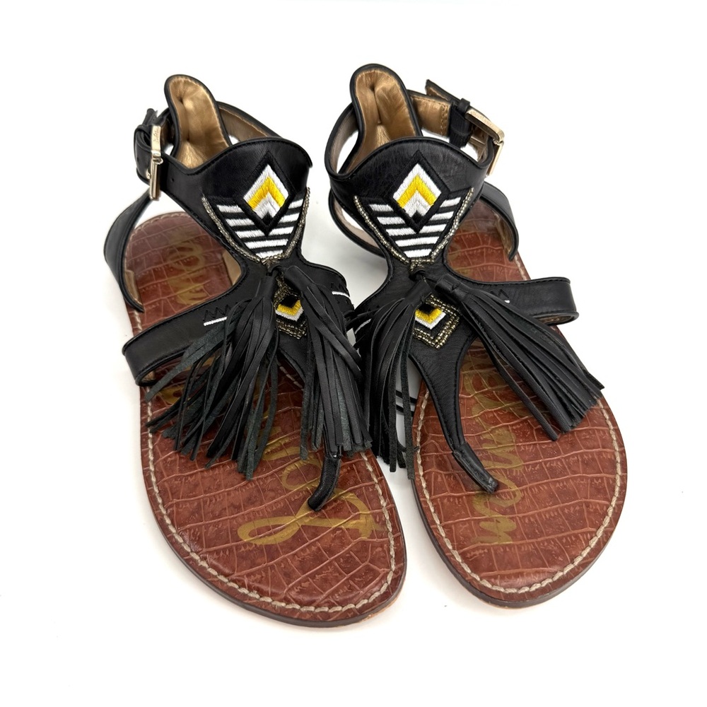 Sam Edelman Black Fringe Tassel Beaded Embroidered Giblin Boho Aztec Sandals